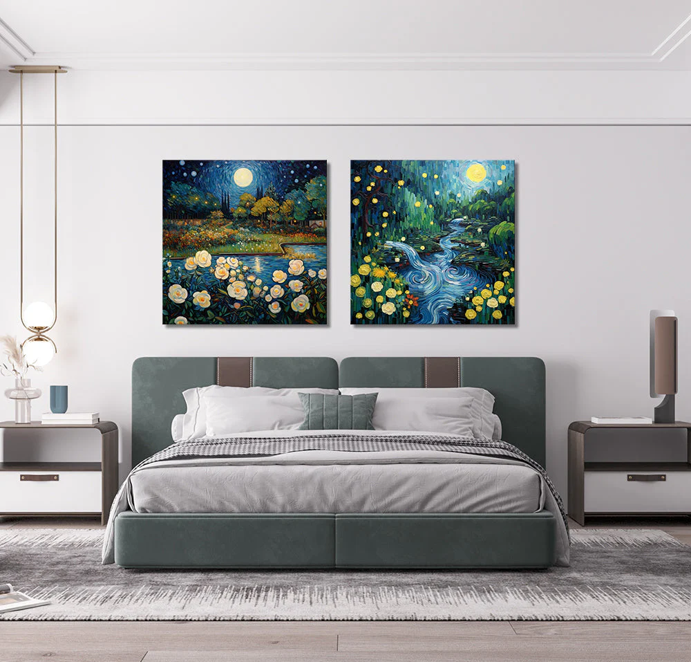 Van Gogh Inspired River Flowing At Midnight (2 Panel) Digital Wall Art