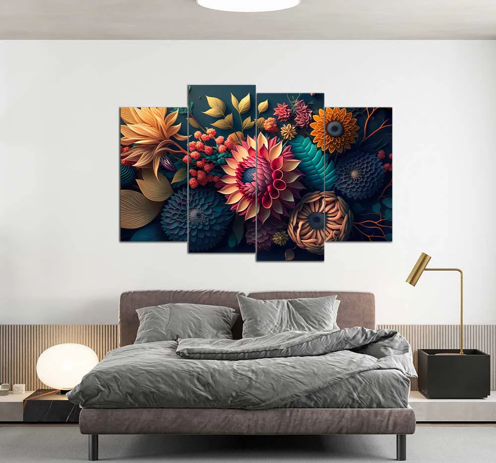 Closup Textural Bright Exotic Flowers (4 Panel) | Floral Wall Art