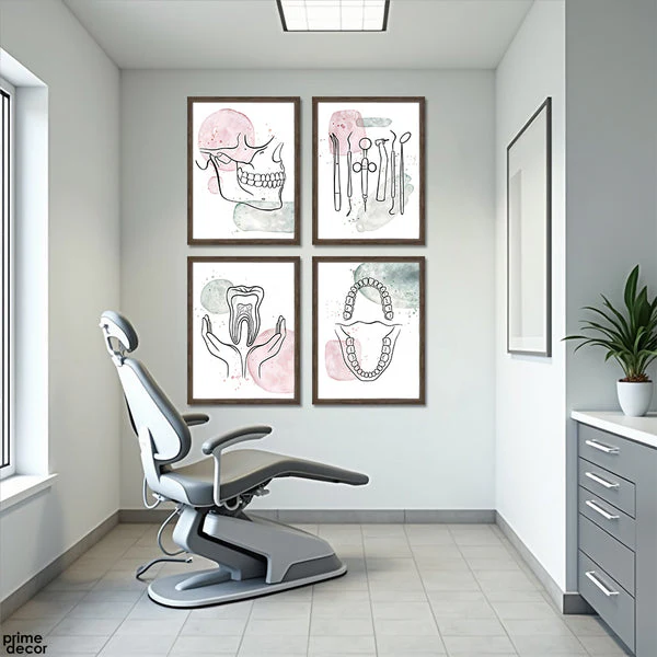 Dental Tools And Elements With Pastel Blobs (4 Panel) Healthcare Wall