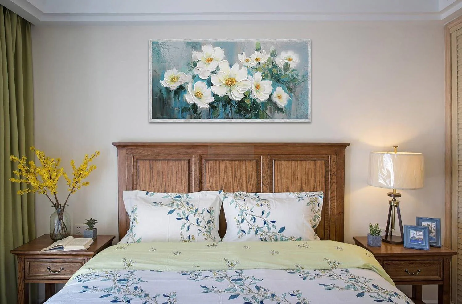 White Flowers Wall Art Canvas Magnolia Teal Floral 3D Textured Painting Gold Turquoise Blue Painting for Living Room Bedroom Bathroom Home Office Wall Decor