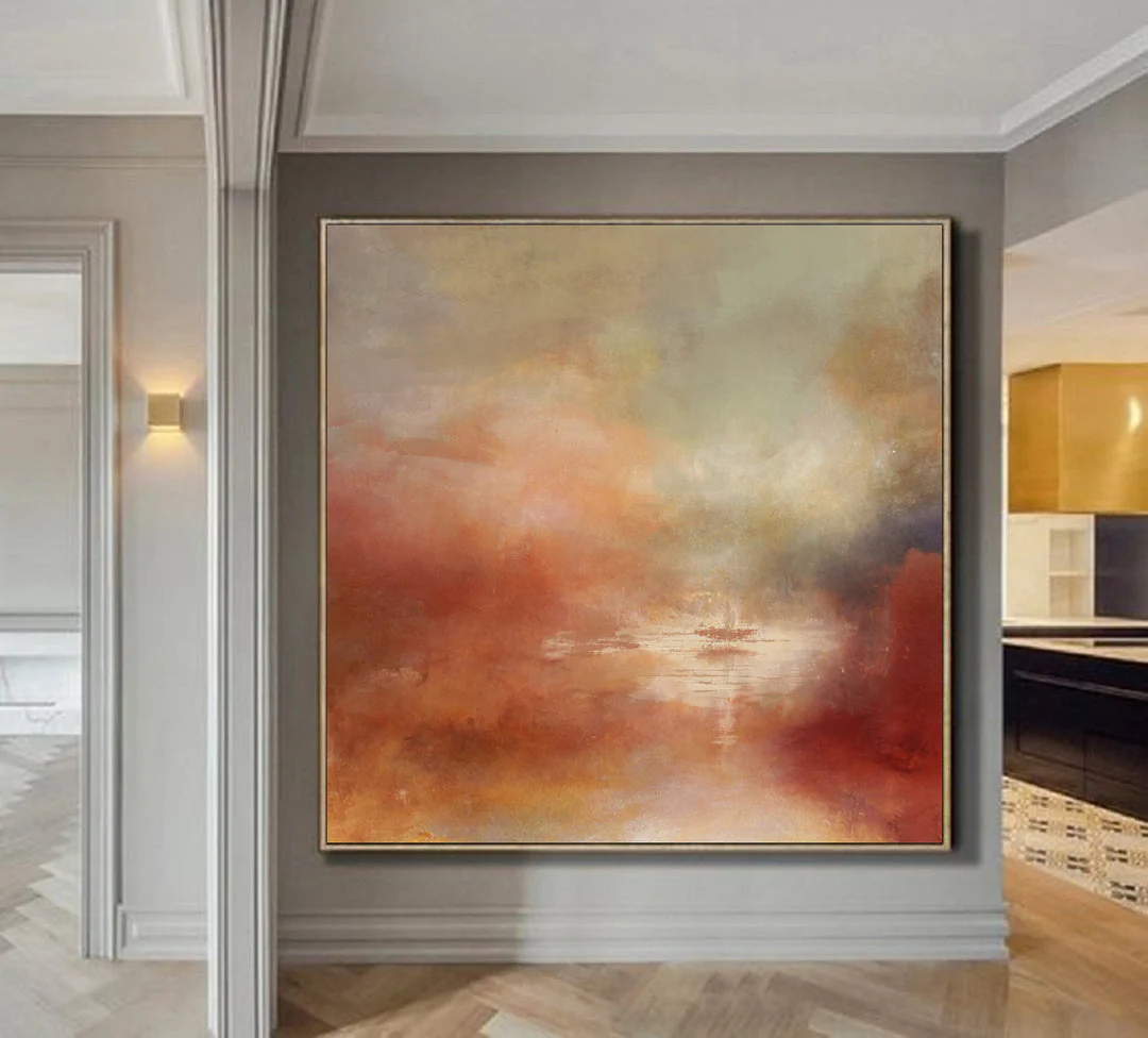 Large Sunrise Landscape Painting Sky Red Abstract Painting On Canvas