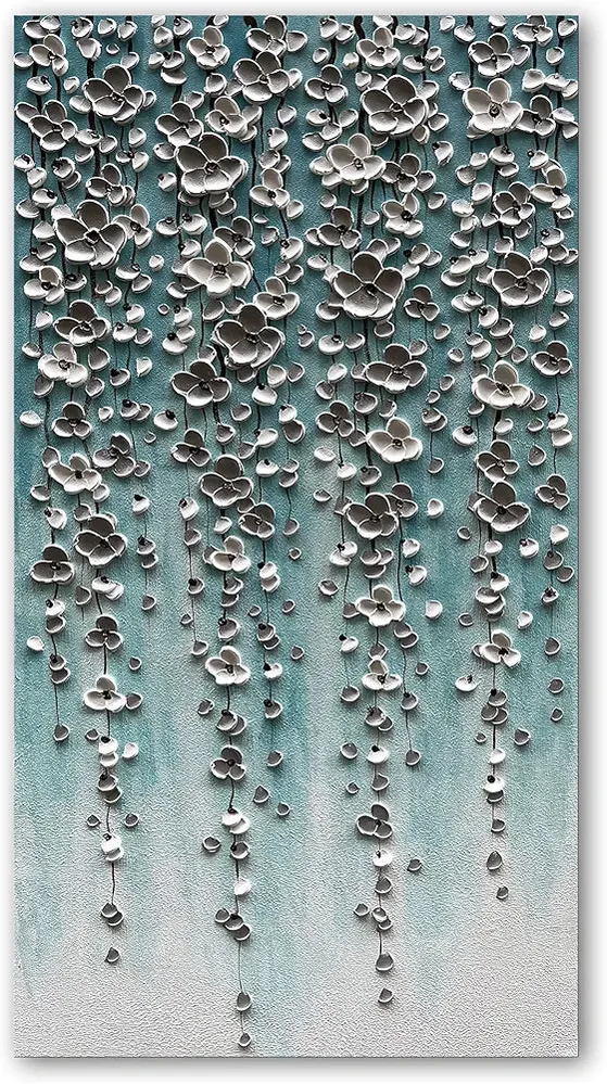 Epicler Large-Scale Oil Painting on Canvas Wall Art, Hand-Painted White Flower Wall Painting, Abstract Canvas Wall Art for Home Wall Decoration