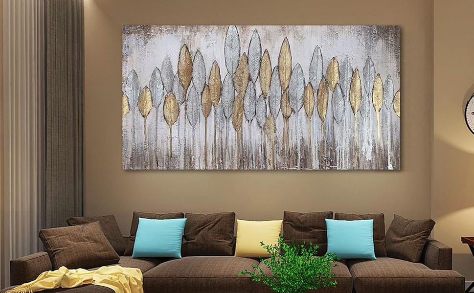 Abstract Leaf Painting Wall Art Modern Aesthetic Picture Landscape Canvas Brown Gold Textured Artwork