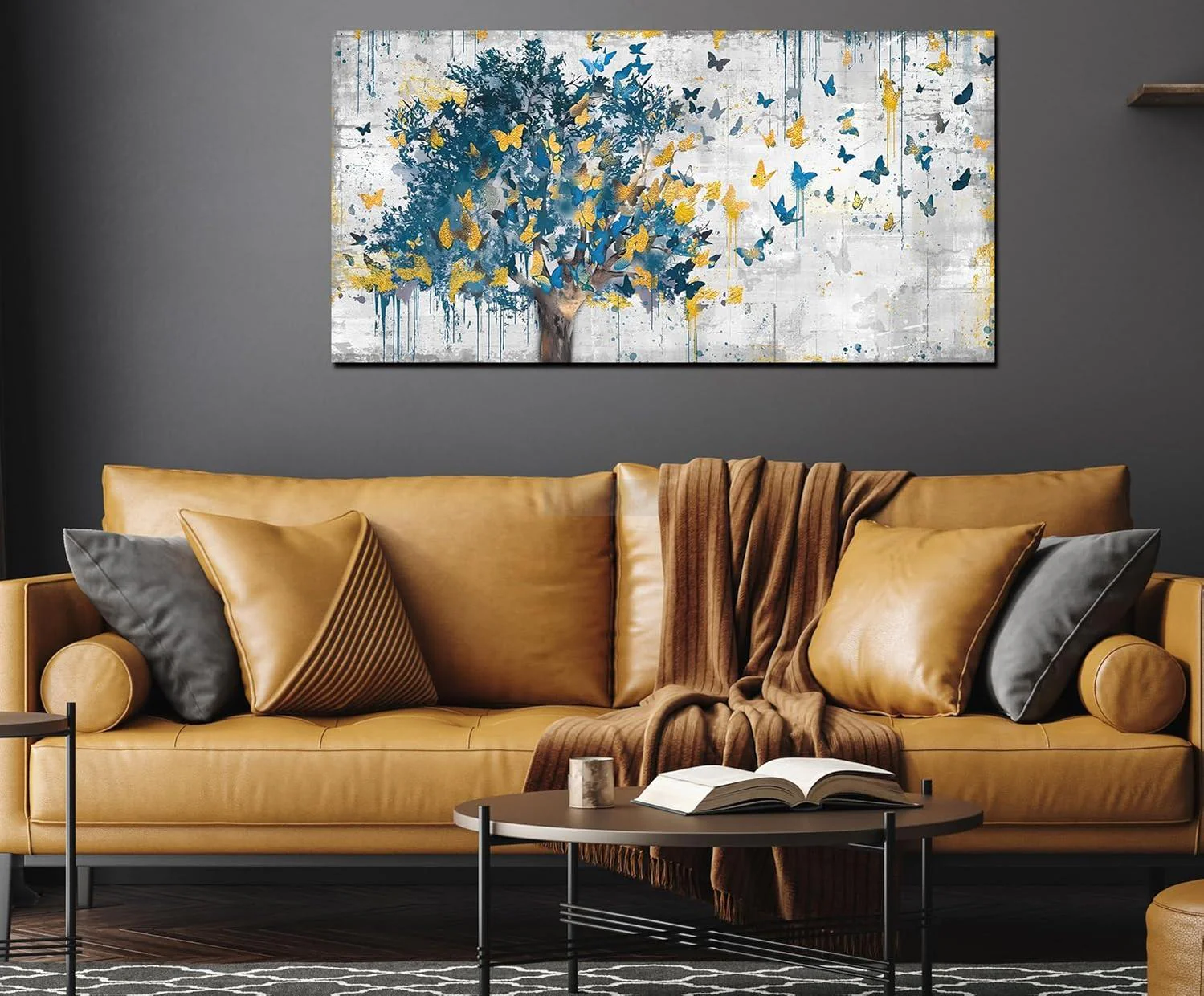 Large Canvas Wall Art Blue Tree Golden Butterflies Painting Abstract Grey Graffiti Canvas