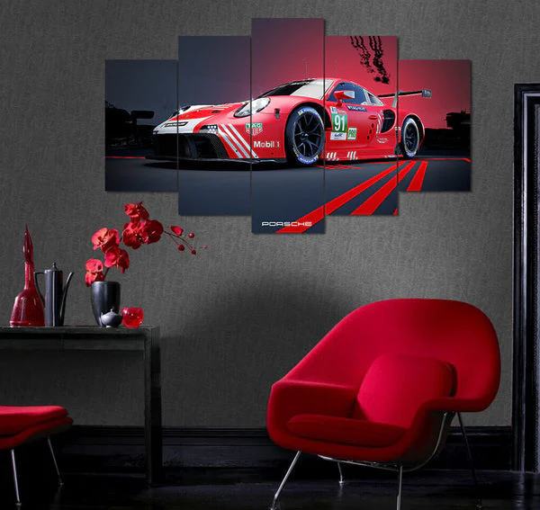 Red Porsche GTE Track Racing (5 Panel) Cars Wall Art