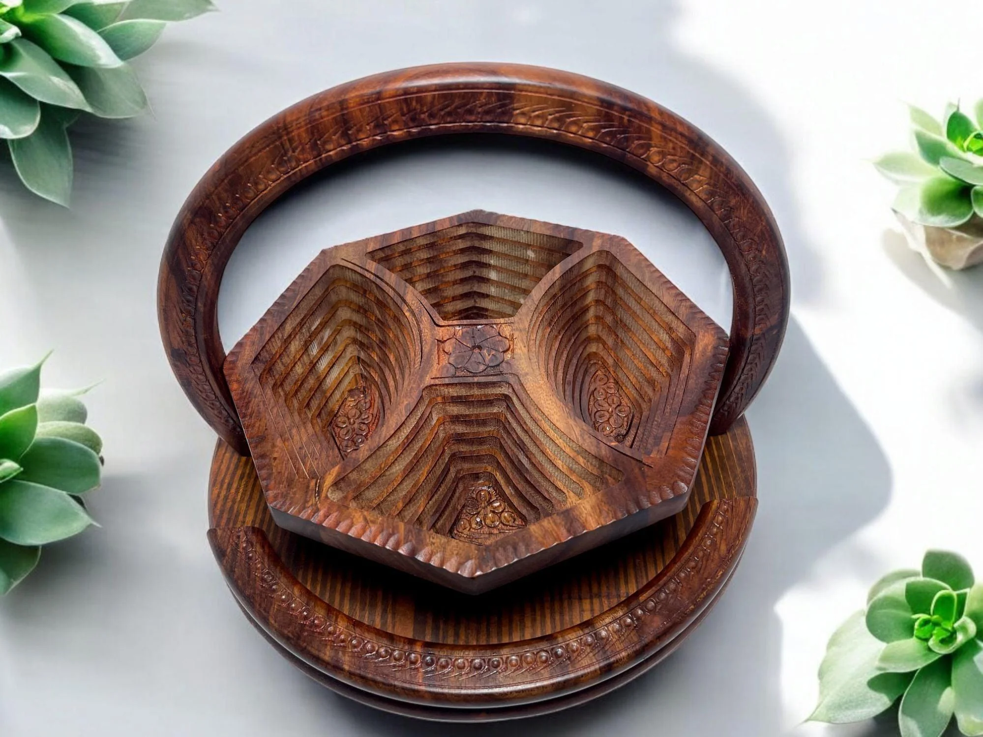 Handcrafted Rosewood Foldable Dry Fruits Serving Basket