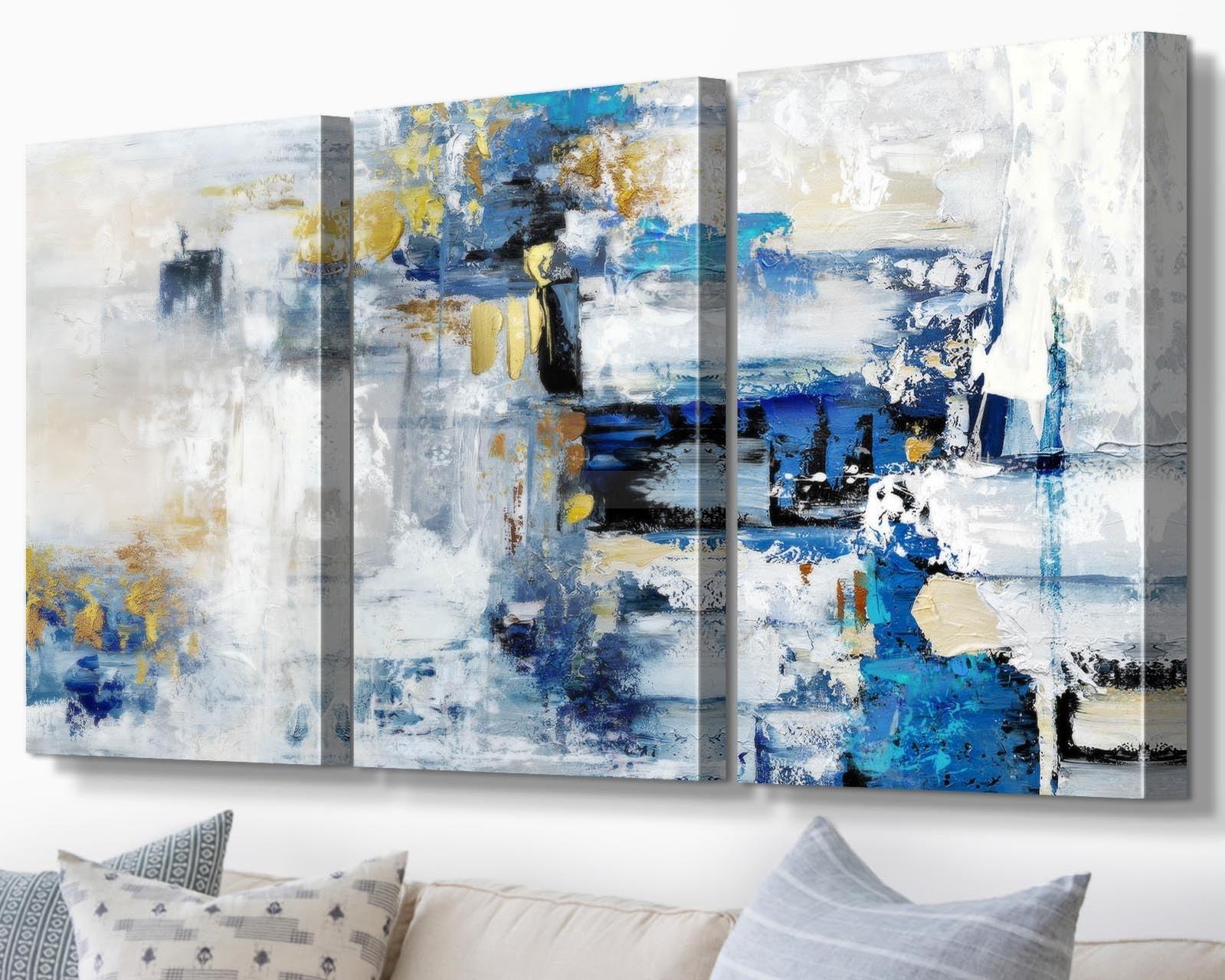Handmade Wall Art for Living Room Extra Large Office Wall Decor Blue Gold Painting Abstract Canvas Wall Art