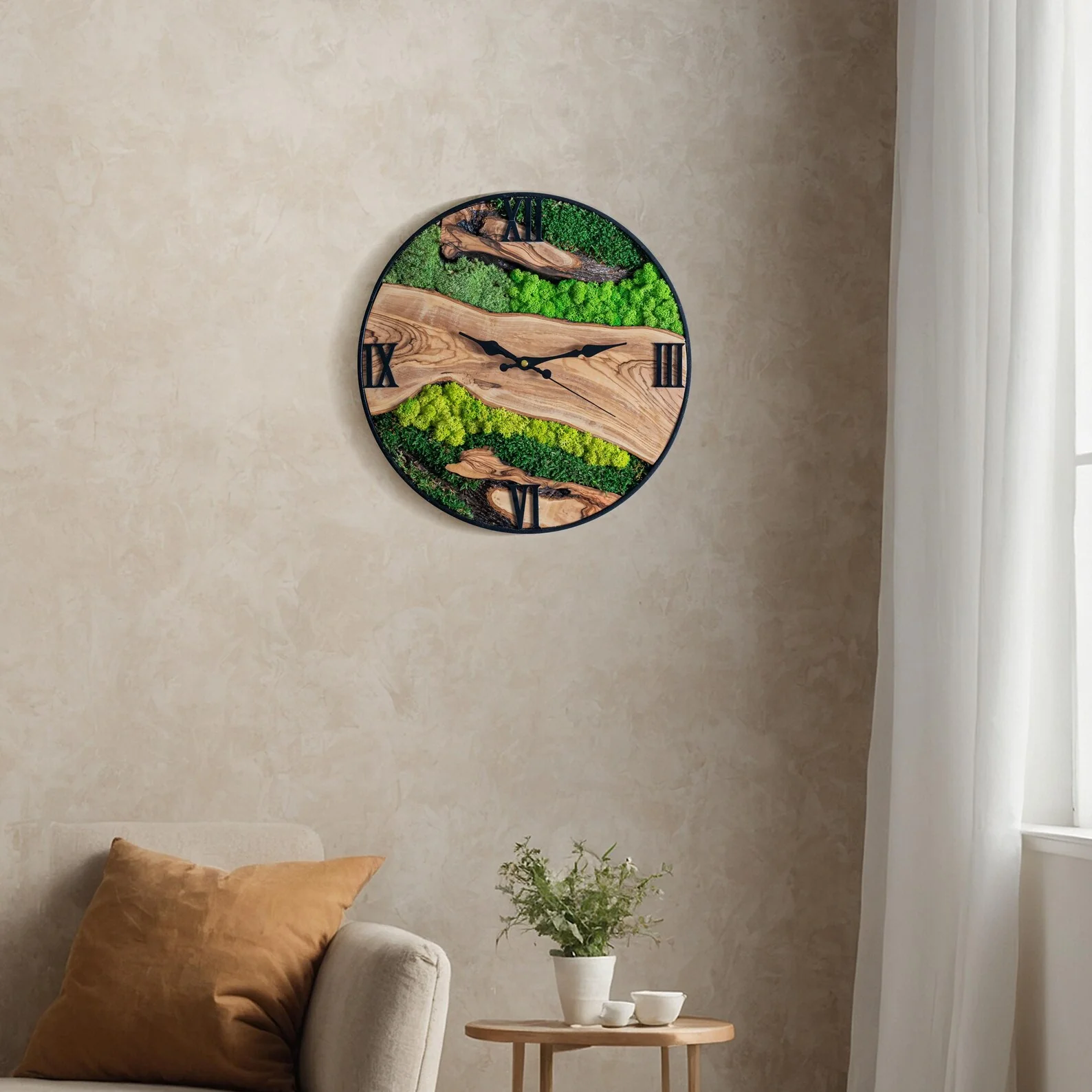 Handmade Moss and Olive Wood Wall Clock with Metal Frame �C Preserved Stabilized Moss Wall Art Clock for Living Room, Bedroom & Office �C Unique Valentine's Day Gift