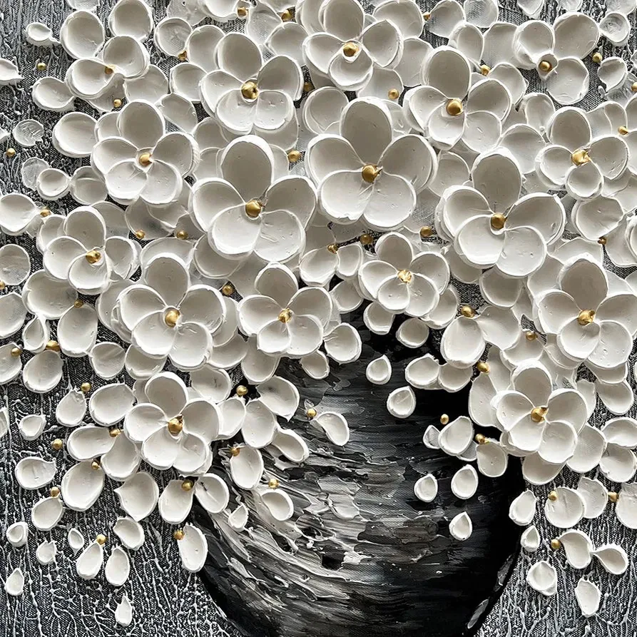 100% Hand-Painted White Flower Art Oil Painting, Modern Home Furnishing Canvas Painting Decoration, 3D Abstract Mural Painting