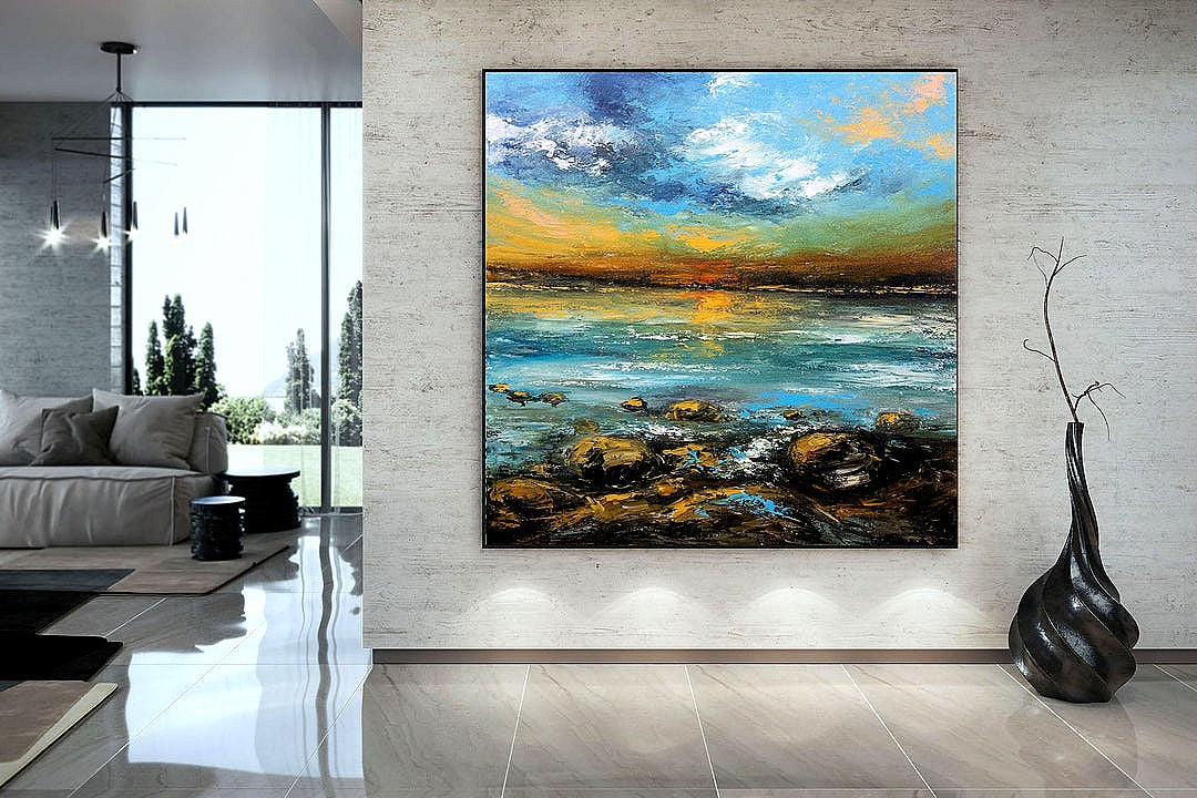 Blue Yellow Sea 3D Textured Palette Knife Painting Original Landscape Painting