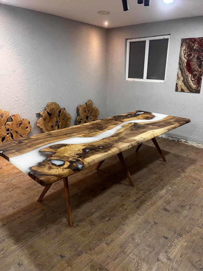 Custom White Resin Epoxy Live Edge Table Top - Handcrafted Modern Design