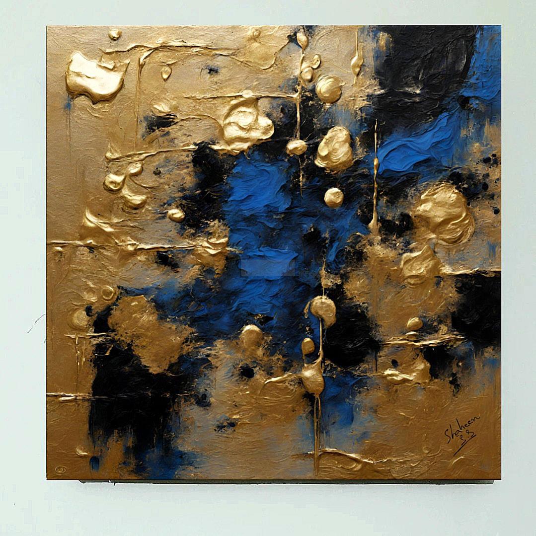 BLUE Abstract Textured Painting with Gold | Handmade Painting | Modern Wall Decor Ready to hang