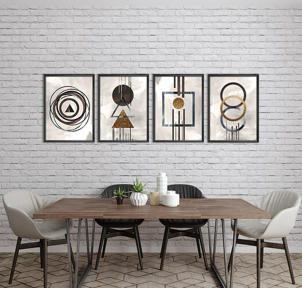 Gold & White Abstract on White Background (4 Panels) Abstract Wall Art