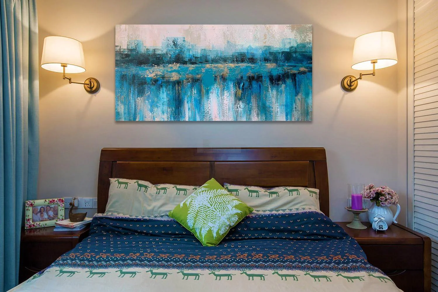 Teal Abstract Wall Art Modern Blue Grey Picture Cityscape Indigo Textured Gold Painting