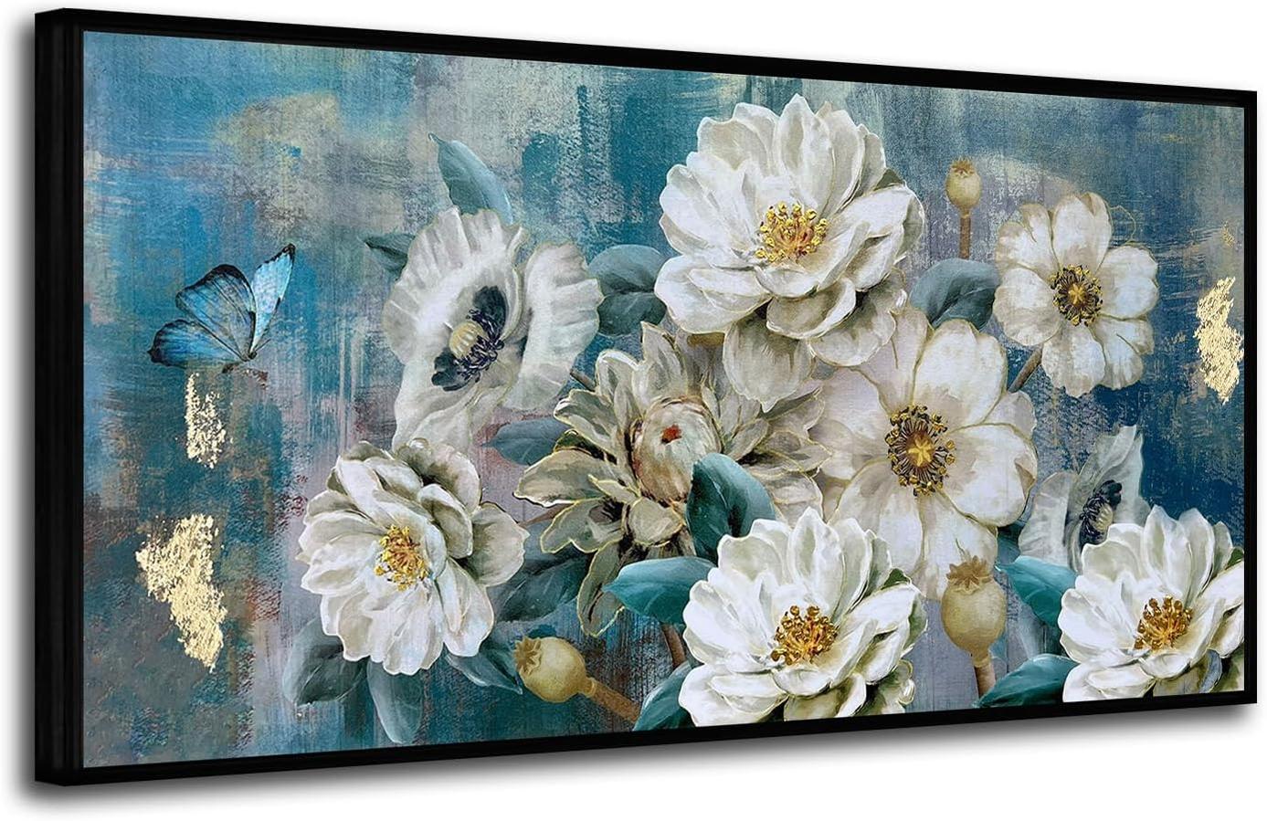 Flower Canvas Wall Art White Elegant Modern Gold Foil Colorful Painting Turquoise Floral Teal Artwork for Living Room Bedroom Bathroom Home Office Decor