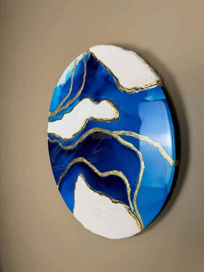 Modern Round Resin Wall Art with Blue and White Texture