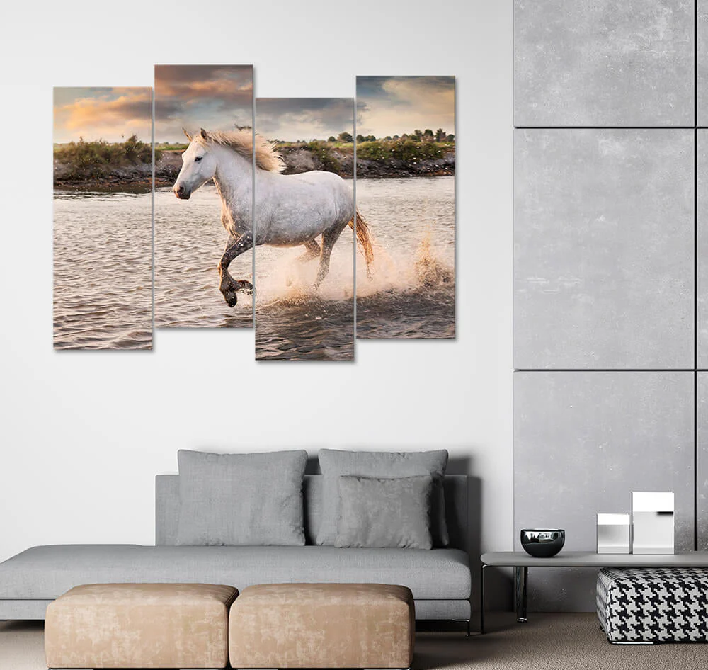 White Horse Running on Beach (4 Panel) Animal Wall Art