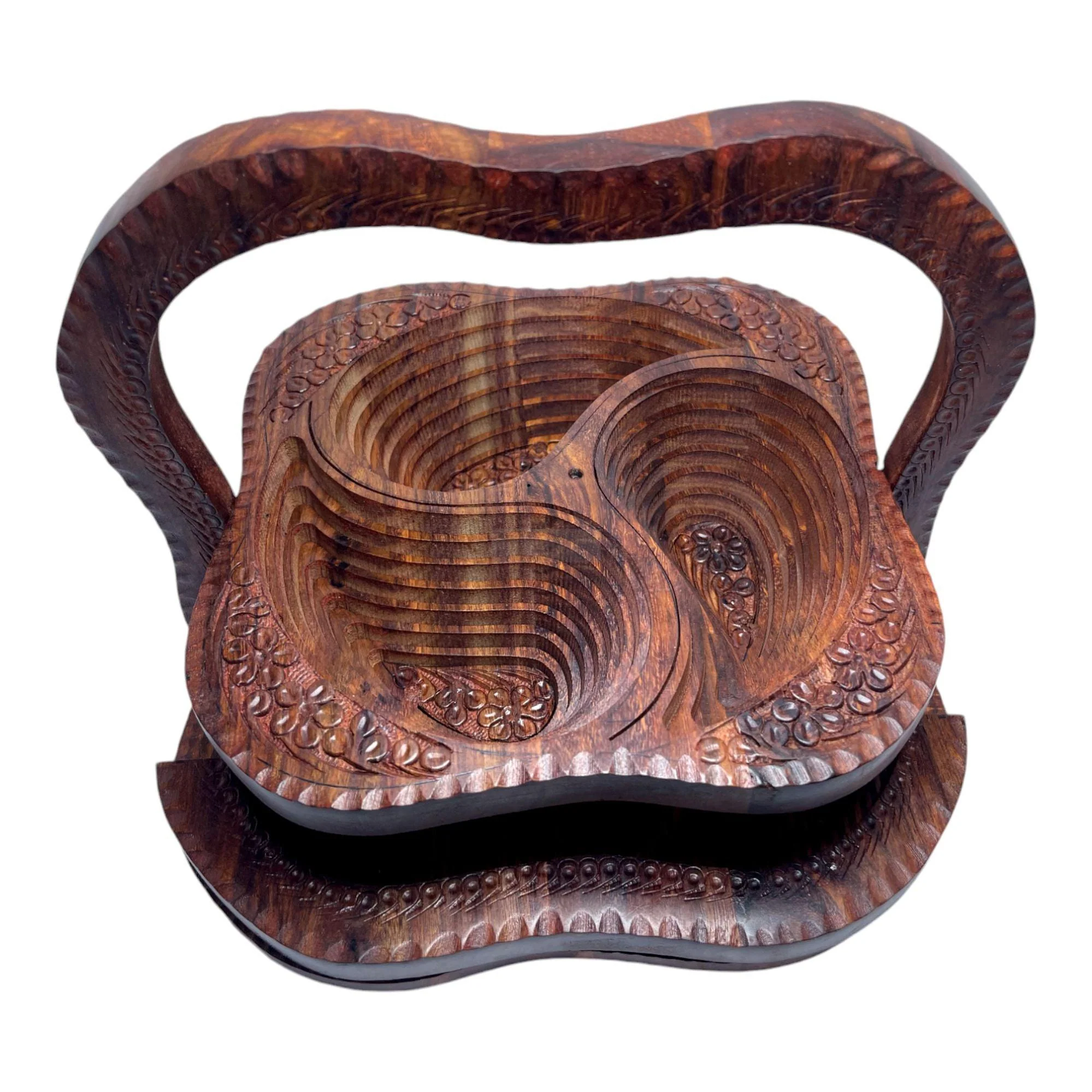 Handcrafted Rosewood Square 3 Portion Foldable Basket