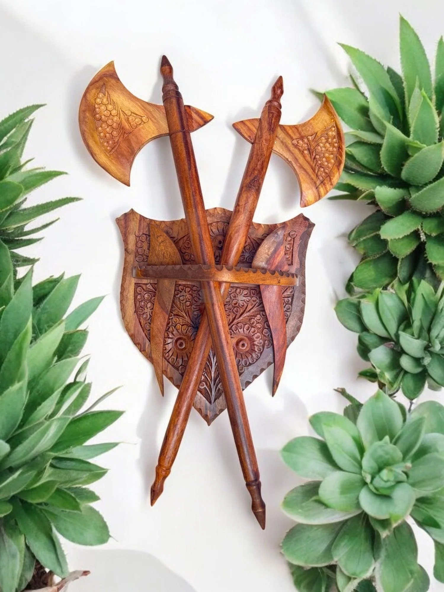 Hand-Carved Wooden Hatchet Wall Decor | Rustic Axe Wall Hanging | Vintage-Style Wooden Axe Ornament | Traditional Handcrafted Wall Art Piece