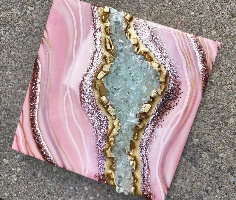 Stunning Small Pink Geode Wall Art with Resin Gold Accents - Perfect Mini Geode Home Decor