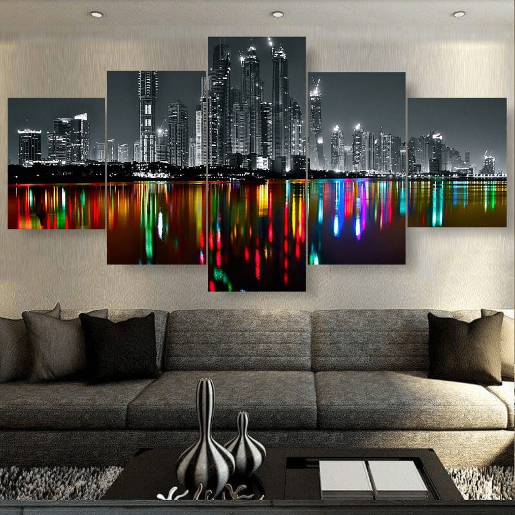 5-Panel Modern Abstract Canvas Wall Art �C Teal, Gold & Gray Geometric Digital Print �C Ready-to-Hang Home Decor Set