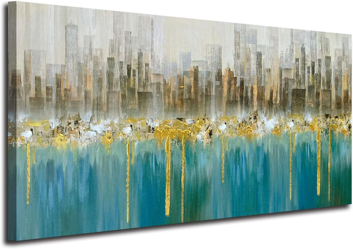 Teal Abstract Cityscape Canvas Wall Art Modern Skyline Gold Textured Painting, Grey Buildings Large Turquoise Artwork for Living Room Bedroom Home Office Wall Decor