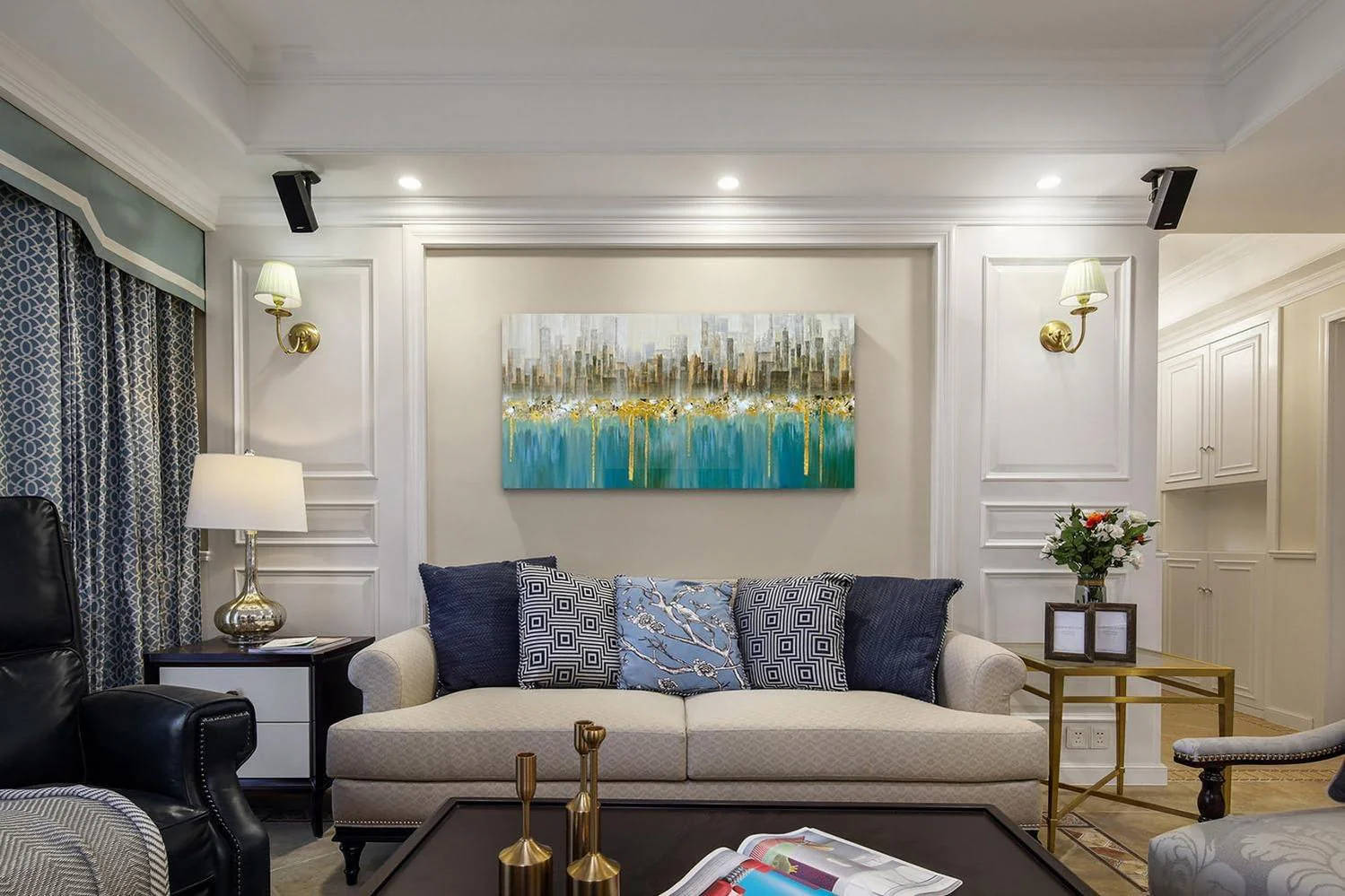 Teal Abstract Cityscape Canvas Wall Art Modern Skyline Gold Textured Painting, Grey Buildings Large Turquoise Artwork for Living Room Bedroom Home Office Wall Decor