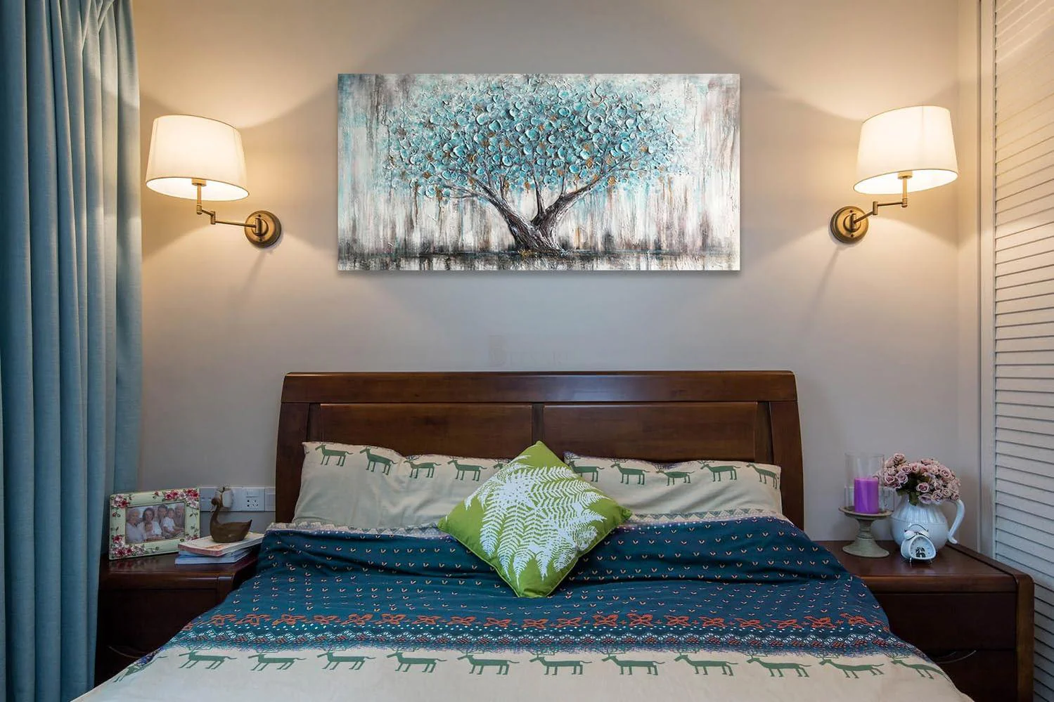 Tree Wall Art Teal Blue Nature Tree of Life Abstract Canvas Painting Textured, Modern Large Panoramic Landscape Artwork Framed for Living Room Bedroom Bathroom Office Home Decor