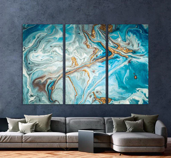 Gold Sea Blue Marble (3 Panel) Abstract Wall Art