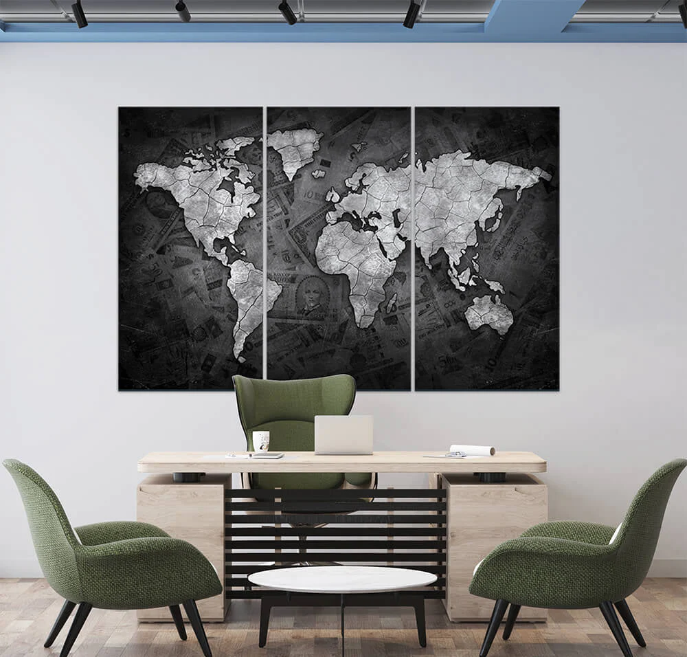World Map Silver Black Currency Background (3 Panel) Office Wall Art
