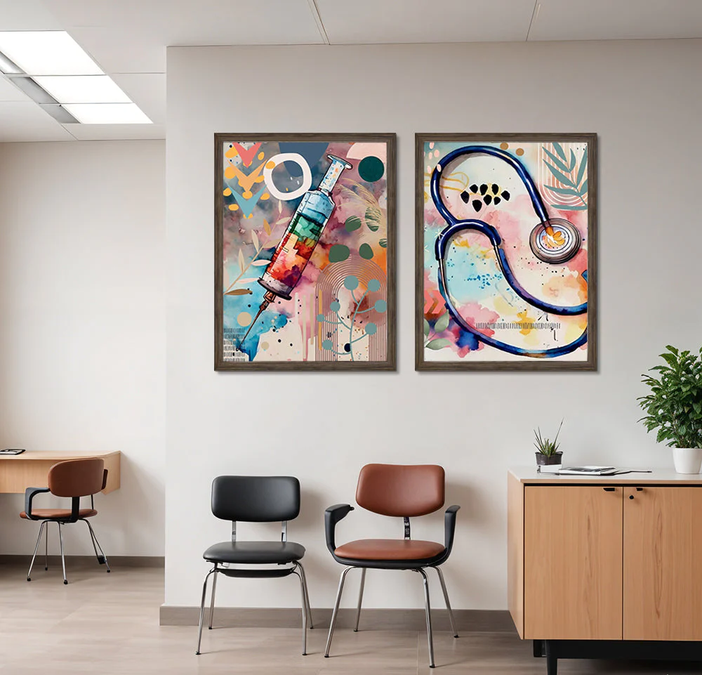 Stethoscope & Injection With Abstract Nordic Background (2 Panel) Heal