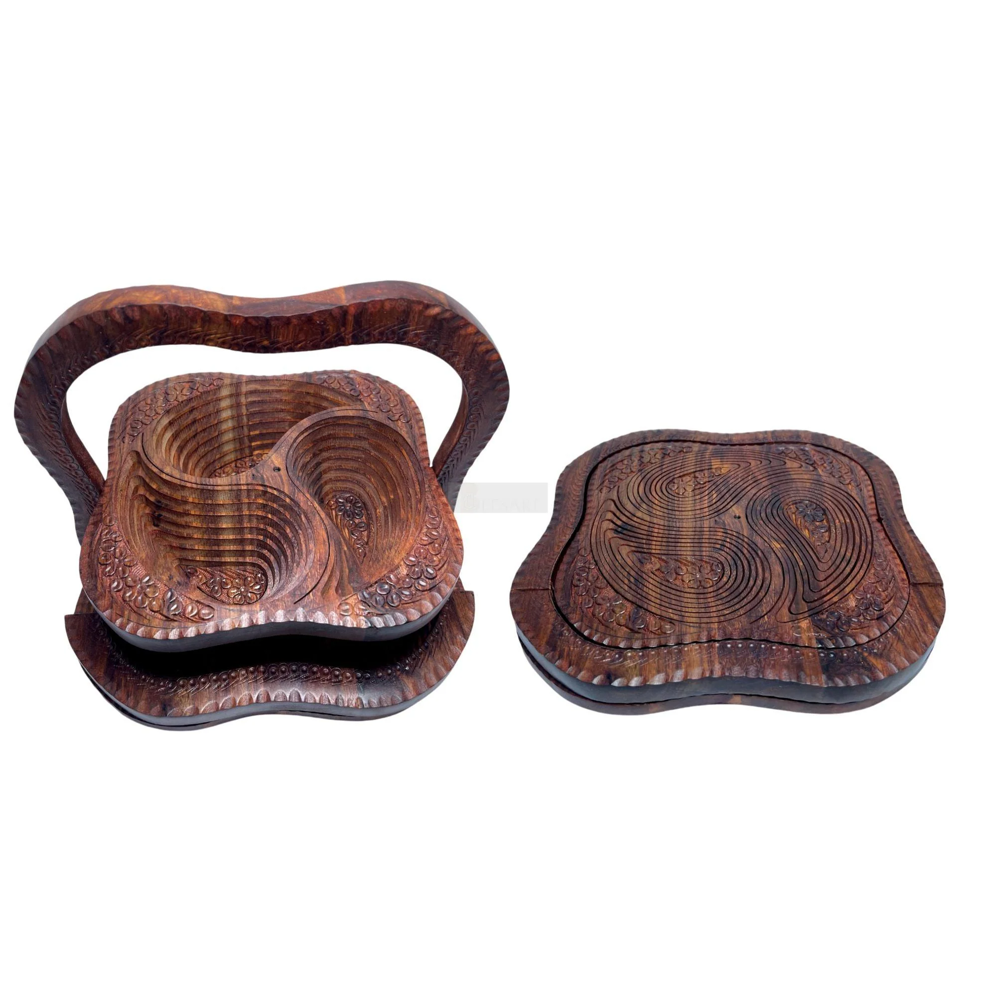 Handcrafted Rosewood Square 3 Portion Foldable Basket