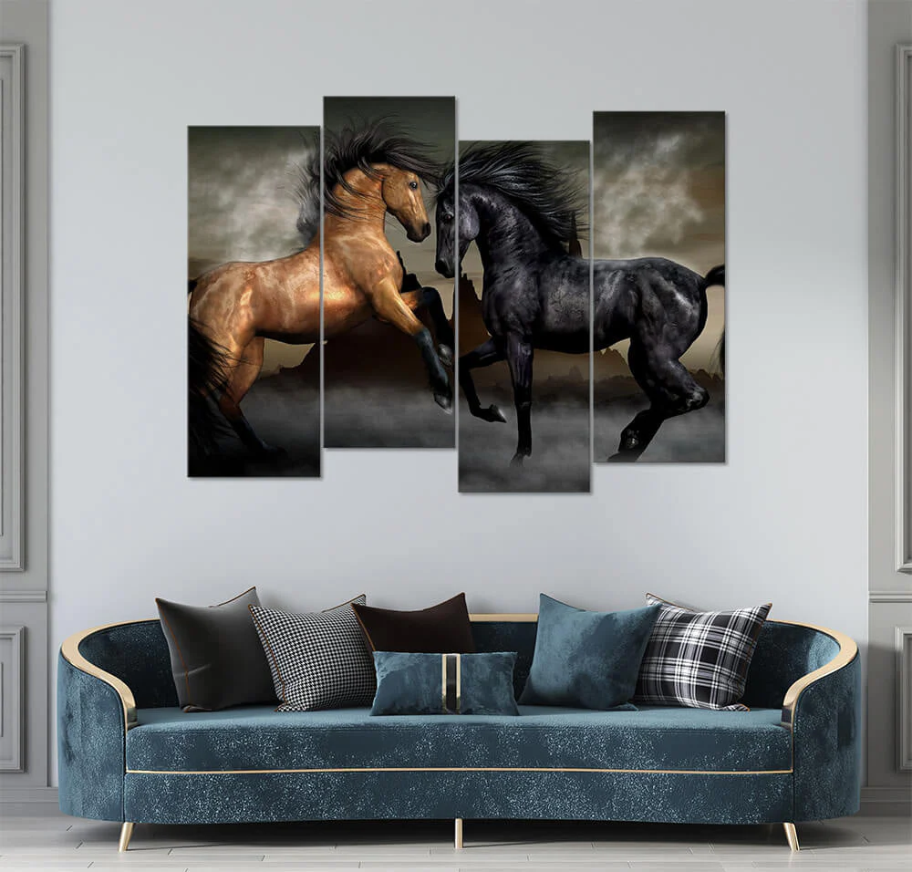Black And Gold Fighting Horses (4 Panel) Animal Wall Art