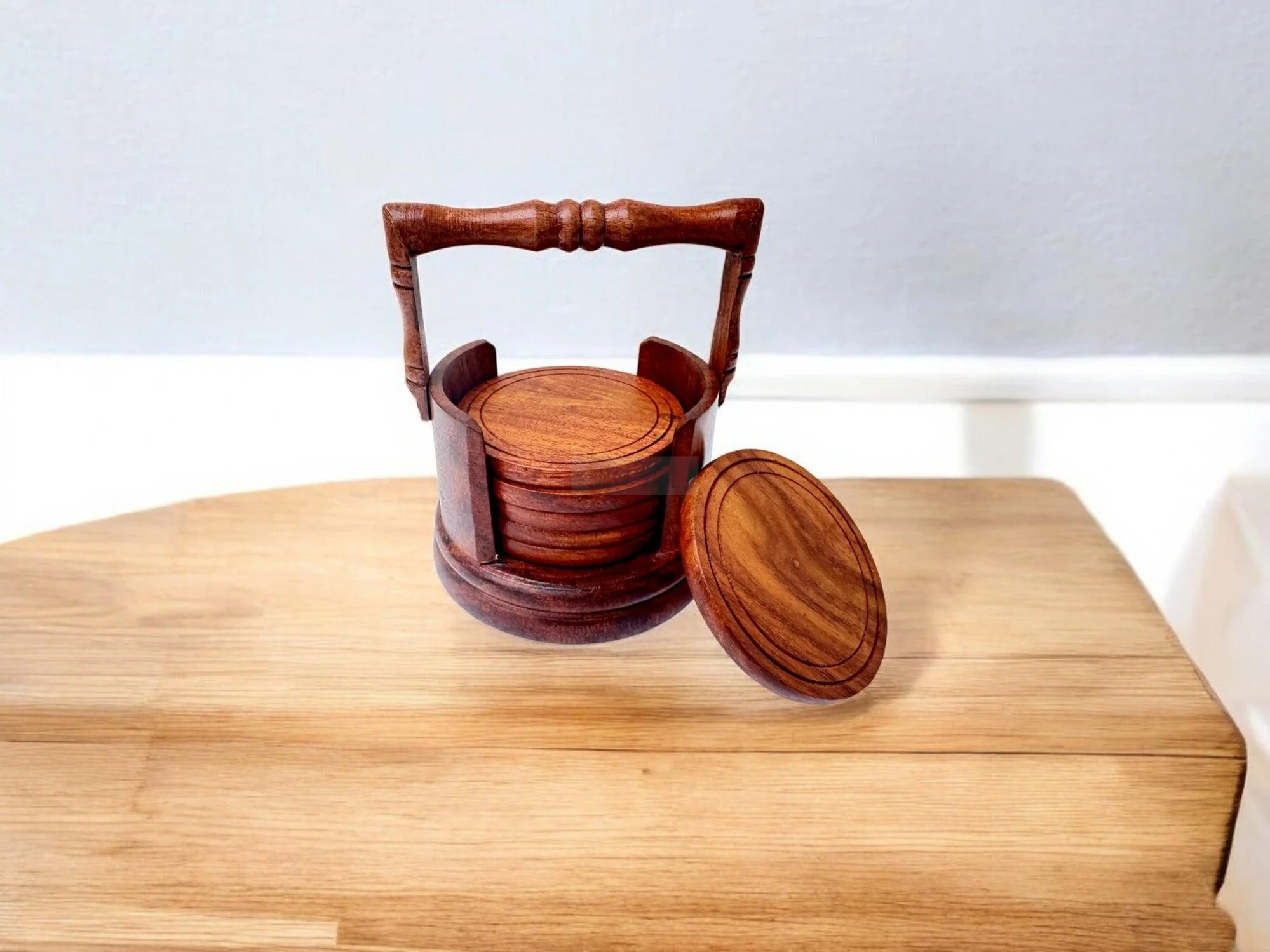 Handcrafted Wooden Coaster Set with Holder, Durable Round Coasters for Drinks, Eco-Friendly Rustic Decor with Carrying Handle