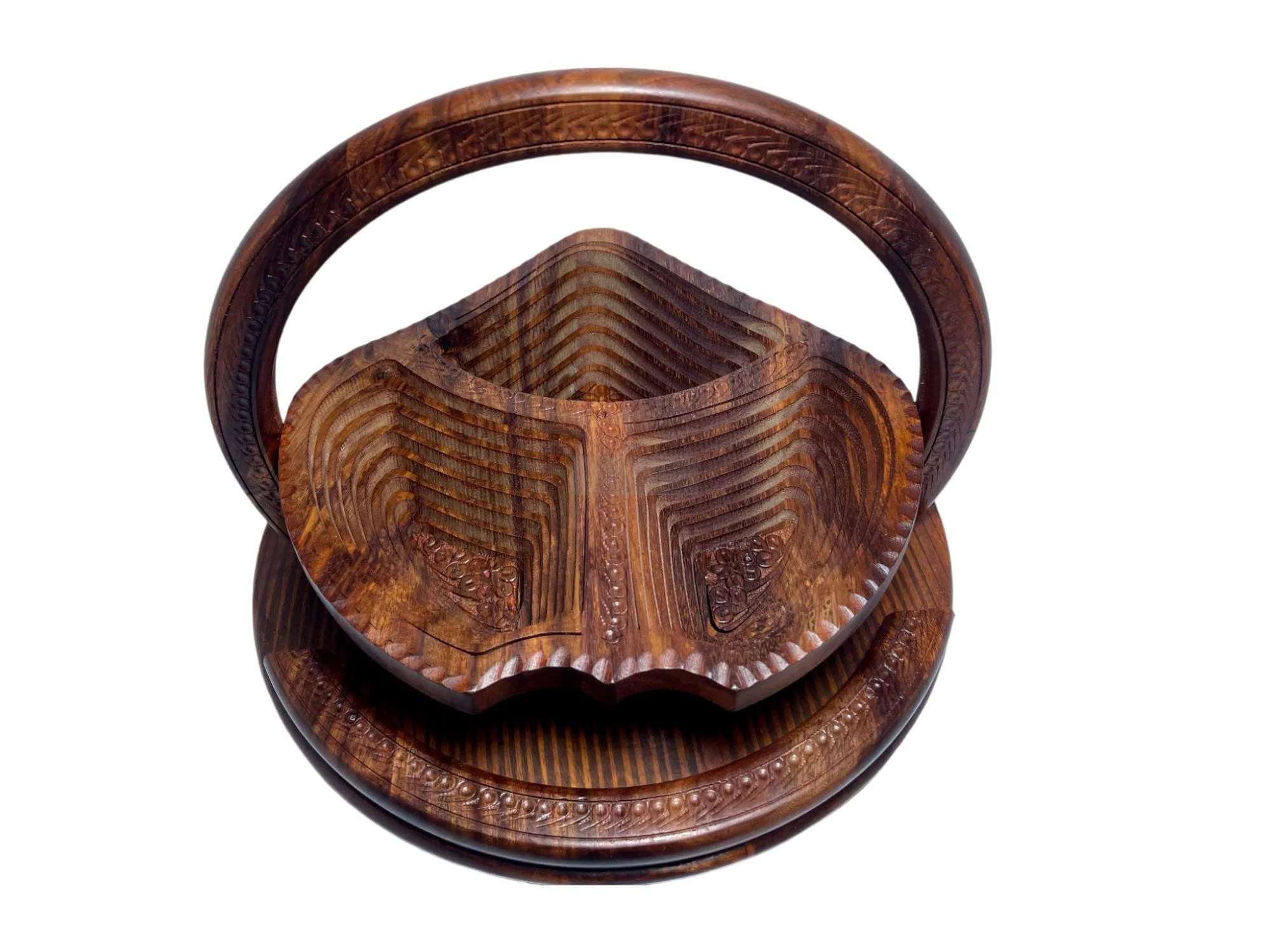 Handcrafted Rosewood Foldable Round Leaf Shape Dry Fruits Basket