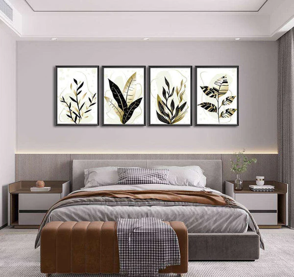 Black & Gold Botanical Leaves (4 Panel) Digital Wall Art