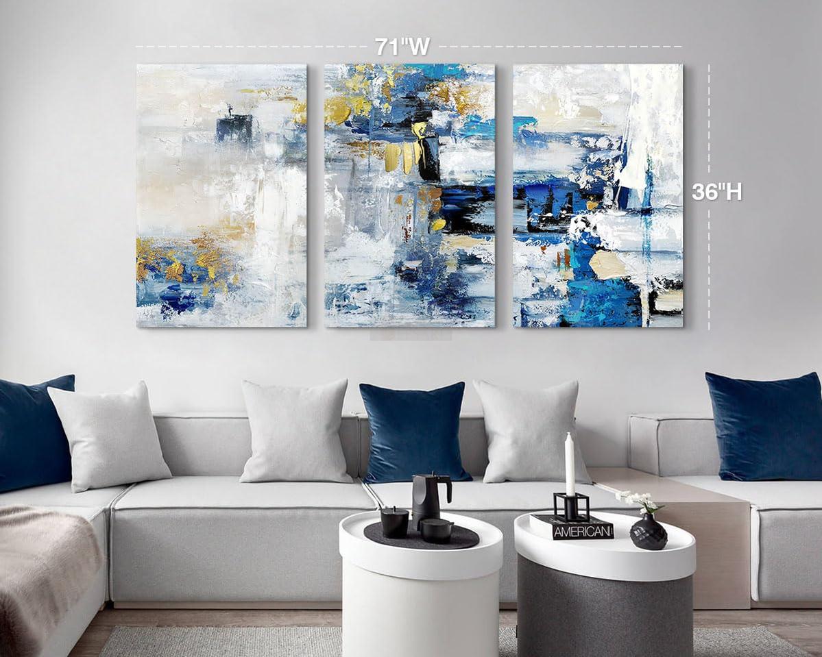 Handmade Wall Art for Living Room Extra Large Office Wall Decor Blue Gold Painting Abstract Canvas Wall Art