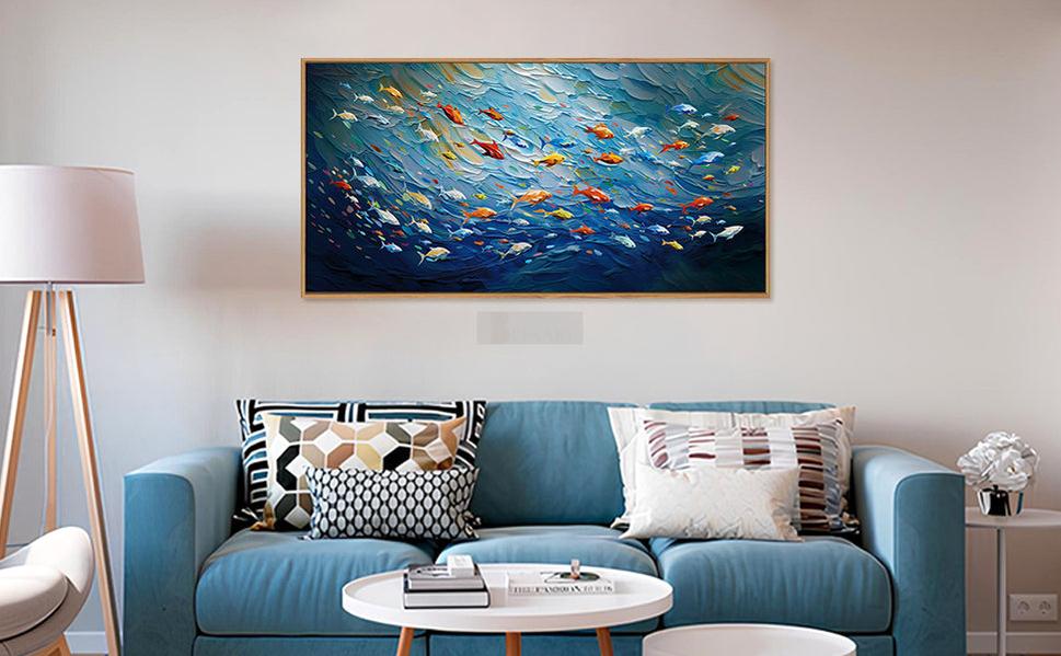 Ocean Fish Sea Framed Canvas Wall Art, Large Under The Sea Fish Oil Painting, Modern Navy Blue Marine Fish Wall Decor, Colorful Fishes Artwork for Living Room, Bedroom, Office,Modern Home Decor