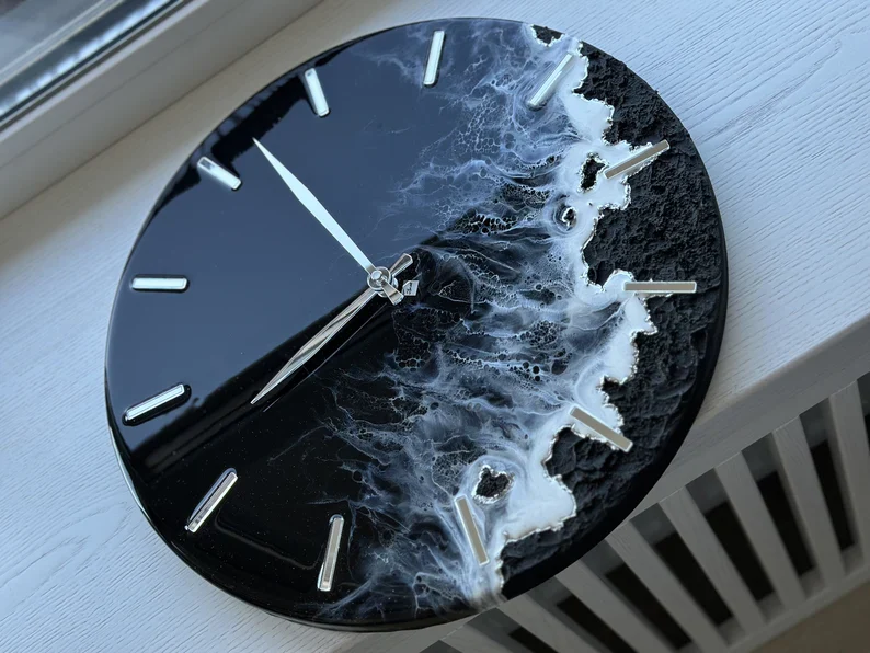 Custom Resin Art Wall Clock �C Black Sea Design �C Handmade Ocean-Inspired Clock for Unique Home Decor, Wedding Gift, or Personalized Nautical Wall Art