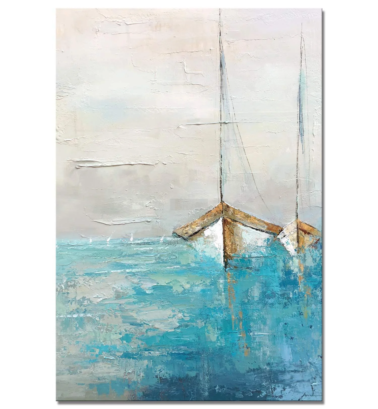 Ocean Canvas Wall Art - Abstract Beach Painting with Textured - Teal Coastal Painting - Sailing Boat Artwork for Living Room Bedroom Decor