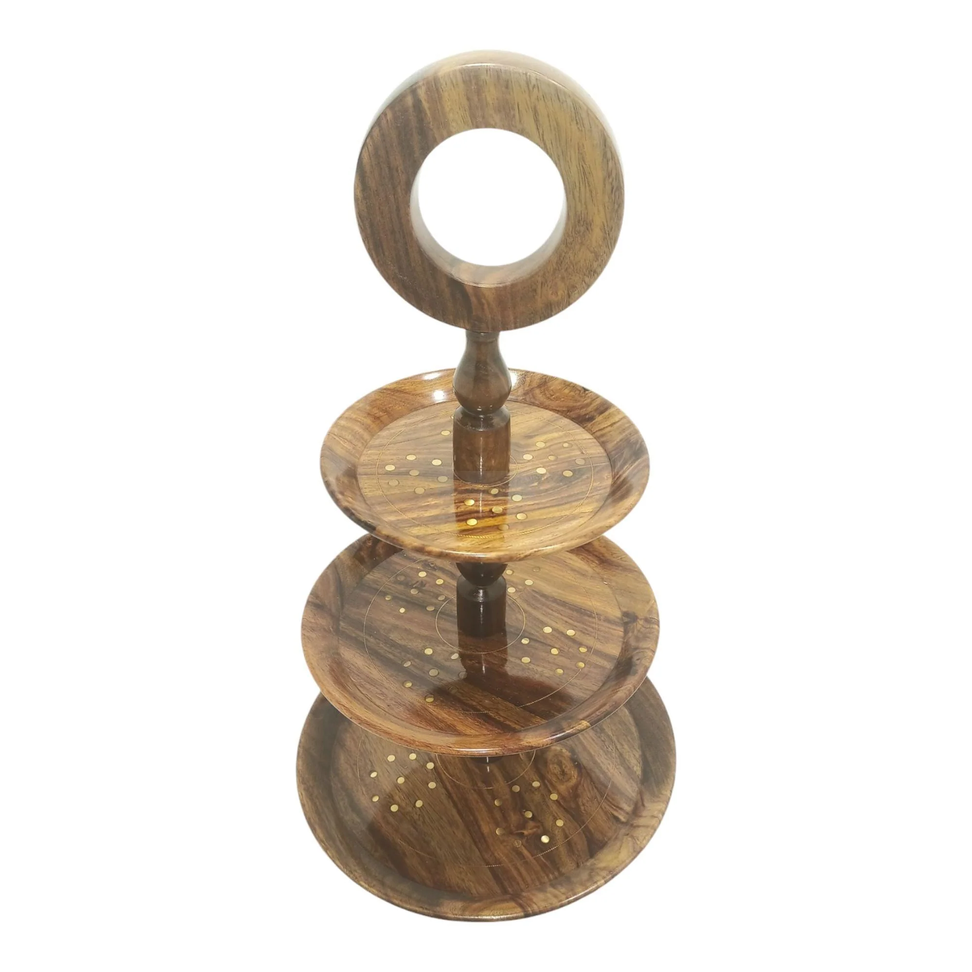 Handcrafted Rosewood Three-Tier Cake Tray with Brass Inlay